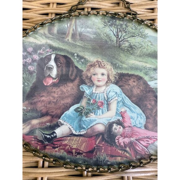 Vintage 80's Pair Victorian Girls, St Bernard Dog Brass Chain Frame Wall Decor - Picture 10 of 13